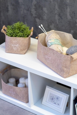 Keçe Tahta Saplı Düzeleyici Sepet - Çok Amaçlı Saklama Organizer Kutu Maxi Kahverengi 25x18x15Cm - Buti