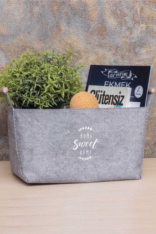 Keçe Tahta Saplı Düzenleyici Sepet - Çok Amaçlı Saklama Organizer Kutu Mega Gri 34x18x19 - 103693 - 1