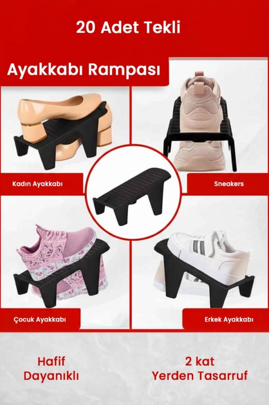 20 Adet Tekli Ayakkabı Rampası, Dolap İçi Düzenleyici, 2 Kat Yer Açan Ayakkabılık Organizer - 1