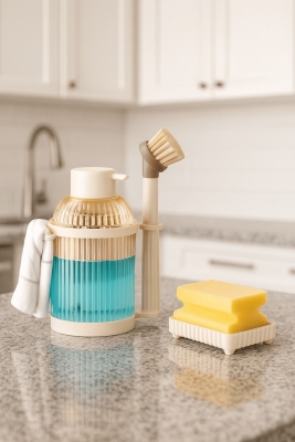4 Parça Mutfak & Banyo Beyaz Temizlik Seti – Sıvı Sabunluk, Fırça, Havluluk & Süngerlik - 1