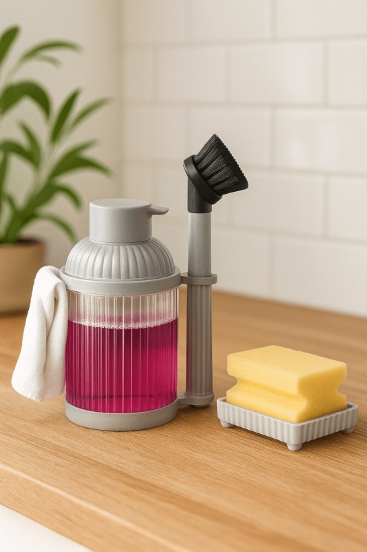 4 Parça Mutfak & Banyo Gri Temizlik Seti – Sıvı Sabunluk, Fırça, Havluluk & Süngerlik - 4