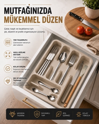 6 Bölmeli Çekmece İçi Kaşıklık, Plastik Çatal Bıçak Organizeri, Mutfak Düzenleyici Bej S-11003 - Fevito