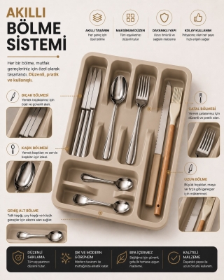 6 Bölmeli Çekmece İçi Kaşıklık, Plastik Çatal Bıçak Organizeri, Mutfak Düzenleyici Bej S-11003 - 2