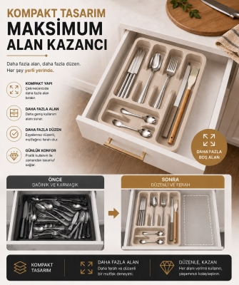 6 Bölmeli Çekmece İçi Kaşıklık, Plastik Çatal Bıçak Organizeri, Mutfak Düzenleyici Bej S-11003 - 3