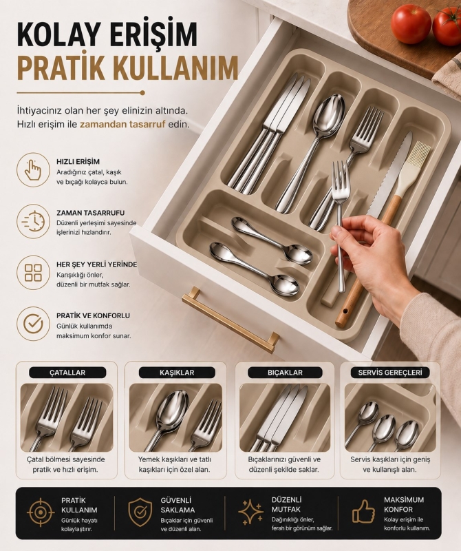 6 Bölmeli Çekmece İçi Kaşıklık, Plastik Çatal Bıçak Organizeri, Mutfak Düzenleyici Bej S-11003 - 4