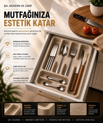 6 Bölmeli Çekmece İçi Kaşıklık, Plastik Çatal Bıçak Organizeri, Mutfak Düzenleyici Bej S-11003 - 5