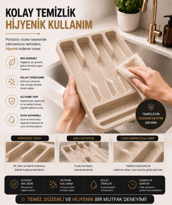 6 Bölmeli Çekmece İçi Kaşıklık, Plastik Çatal Bıçak Organizeri, Mutfak Düzenleyici Bej S-11003 - 6