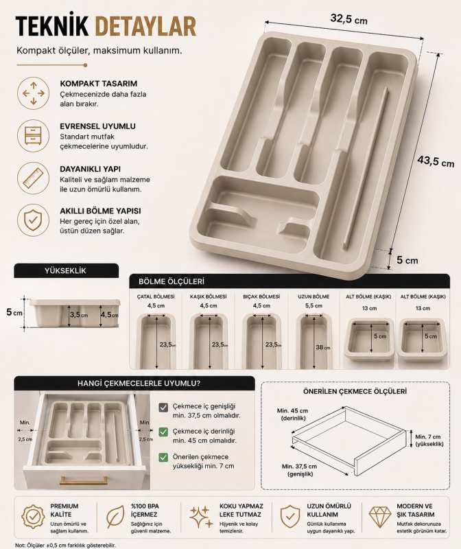 6 Bölmeli Çekmece İçi Kaşıklık, Plastik Çatal Bıçak Organizeri, Mutfak Düzenleyici Bej S-11003 - 7