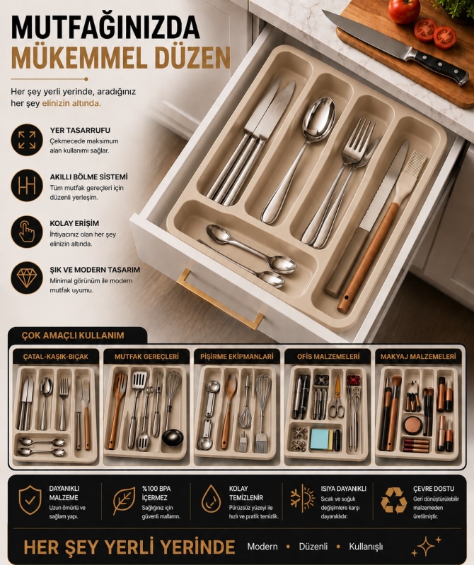 6 Bölmeli Çekmece İçi Kaşıklık, Plastik Çatal Bıçak Organizeri, Mutfak Düzenleyici Bej S-11003 - 8