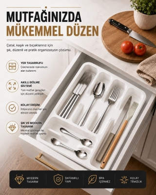6 Bölmeli Çekmece İçi Kaşıklık, Plastik Çatal Bıçak Organizeri, Mutfak Düzenleyici Beyaz S-11003 - Fevito