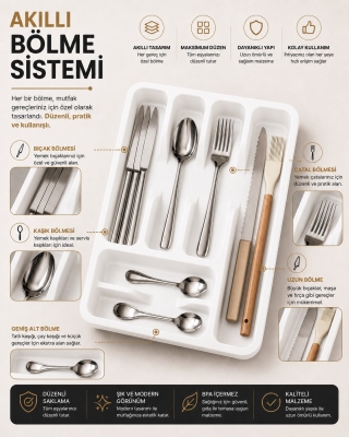 6 Bölmeli Çekmece İçi Kaşıklık, Plastik Çatal Bıçak Organizeri, Mutfak Düzenleyici Beyaz S-11003 - 2
