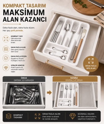 6 Bölmeli Çekmece İçi Kaşıklık, Plastik Çatal Bıçak Organizeri, Mutfak Düzenleyici Beyaz S-11003 - 3