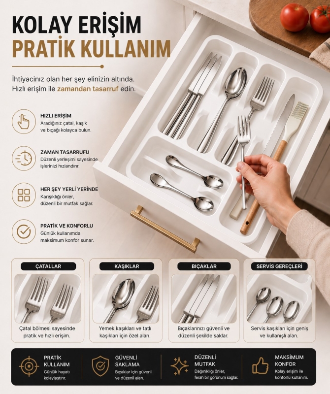 6 Bölmeli Çekmece İçi Kaşıklık, Plastik Çatal Bıçak Organizeri, Mutfak Düzenleyici Beyaz S-11003 - 4