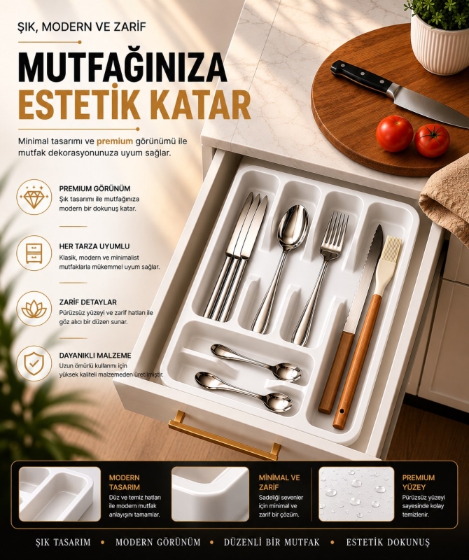 6 Bölmeli Çekmece İçi Kaşıklık, Plastik Çatal Bıçak Organizeri, Mutfak Düzenleyici Beyaz S-11003 - 5