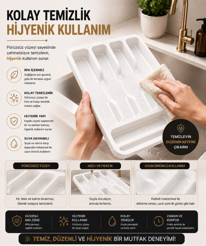 6 Bölmeli Çekmece İçi Kaşıklık, Plastik Çatal Bıçak Organizeri, Mutfak Düzenleyici Beyaz S-11003 - 6