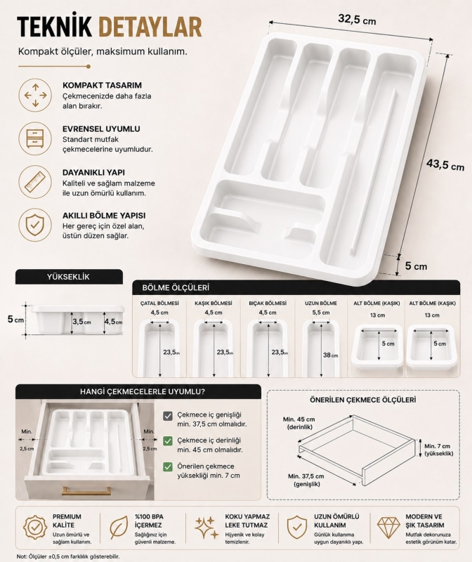 6 Bölmeli Çekmece İçi Kaşıklık, Plastik Çatal Bıçak Organizeri, Mutfak Düzenleyici Beyaz S-11003 - 7