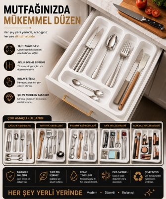 6 Bölmeli Çekmece İçi Kaşıklık, Plastik Çatal Bıçak Organizeri, Mutfak Düzenleyici Beyaz S-11003 - 8