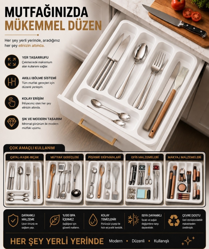 6 Bölmeli Çekmece İçi Kaşıklık, Plastik Çatal Bıçak Organizeri, Mutfak Düzenleyici Beyaz S-11003 - 8
