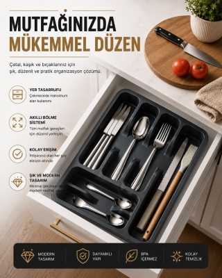 6 Bölmeli Çekmece İçi Kaşıklık, Plastik Çatal Bıçak Organizeri, Mutfak Düzenleyici Gri S-11003 - Fevito