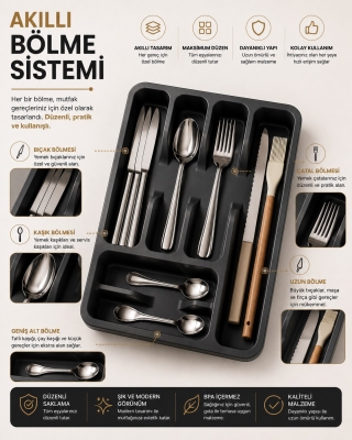6 Bölmeli Çekmece İçi Kaşıklık, Plastik Çatal Bıçak Organizeri, Mutfak Düzenleyici Gri S-11003 - 2