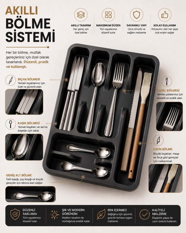 6 Bölmeli Çekmece İçi Kaşıklık, Plastik Çatal Bıçak Organizeri, Mutfak Düzenleyici Gri S-11003 - 2