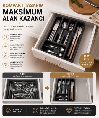 6 Bölmeli Çekmece İçi Kaşıklık, Plastik Çatal Bıçak Organizeri, Mutfak Düzenleyici Gri S-11003 - 3