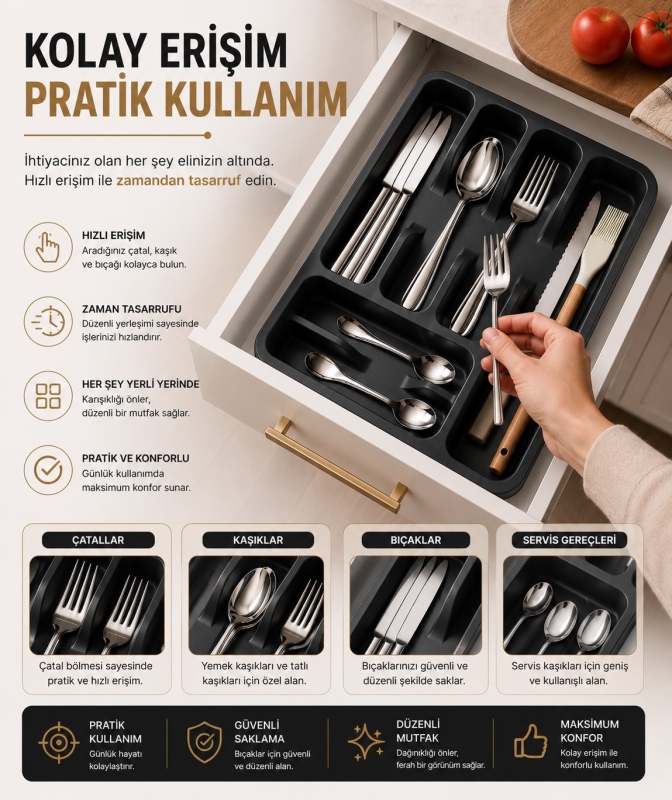 6 Bölmeli Çekmece İçi Kaşıklık, Plastik Çatal Bıçak Organizeri, Mutfak Düzenleyici Gri S-11003 - 4