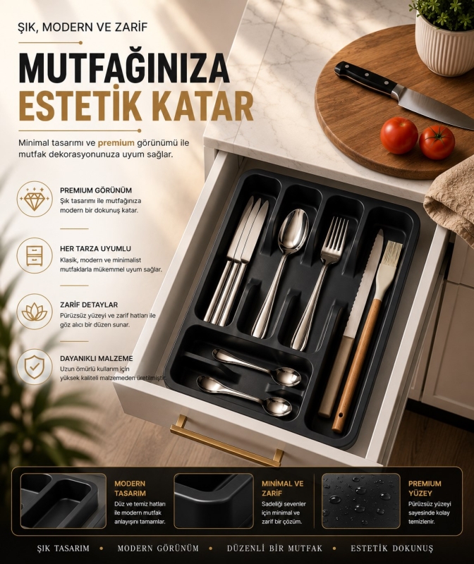 6 Bölmeli Çekmece İçi Kaşıklık, Plastik Çatal Bıçak Organizeri, Mutfak Düzenleyici Gri S-11003 - 5