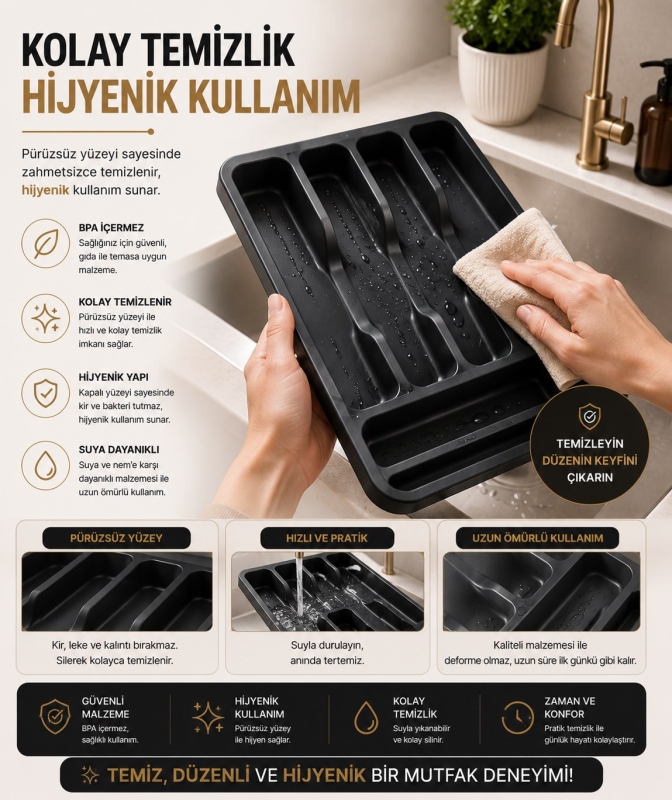 6 Bölmeli Çekmece İçi Kaşıklık, Plastik Çatal Bıçak Organizeri, Mutfak Düzenleyici Gri S-11003 - 6