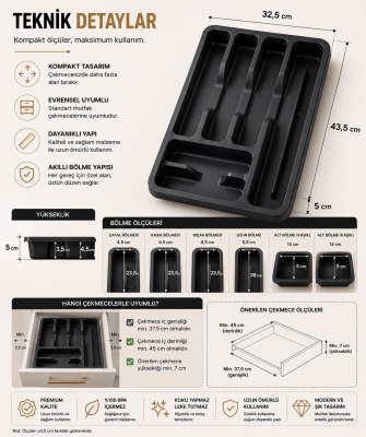 6 Bölmeli Çekmece İçi Kaşıklık, Plastik Çatal Bıçak Organizeri, Mutfak Düzenleyici Gri S-11003 - 7