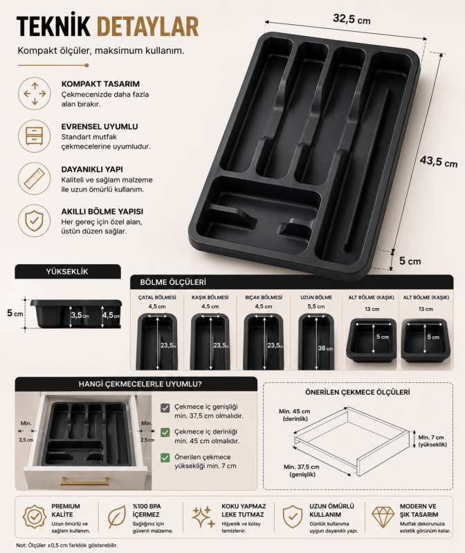 6 Bölmeli Çekmece İçi Kaşıklık, Plastik Çatal Bıçak Organizeri, Mutfak Düzenleyici Gri S-11003 - 7