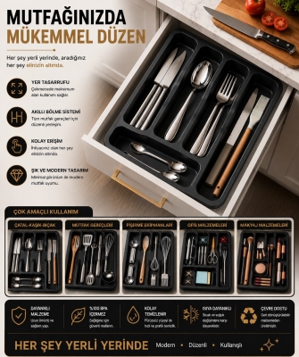 6 Bölmeli Çekmece İçi Kaşıklık, Plastik Çatal Bıçak Organizeri, Mutfak Düzenleyici Gri S-11003 - 8
