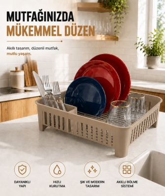Bulaşıklık Tezgah Üstü Tabak Bardak Kurutmalık Plastik Bulaşık Sepeti 33x41 cm Bej S-10567 - Fevito