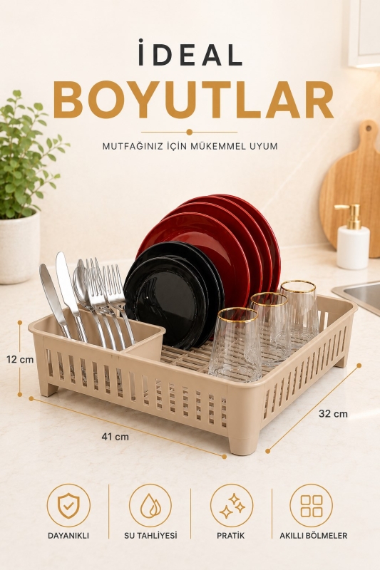 Bulaşıklık Tezgah Üstü Tabak Bardak Kurutmalık Plastik Bulaşık Sepeti 33x41 cm Bej S-10567 - 8