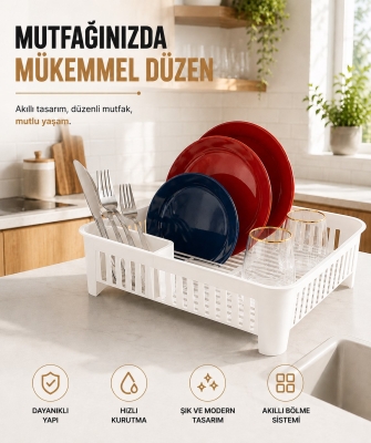 Bulaşıklık Tezgah Üstü Tabak Bardak Kurutmalık Plastik Bulaşık Sepeti 33x41 cm Beyaz S-10567 - Fevito