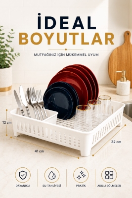 Bulaşıklık Tezgah Üstü Tabak Bardak Kurutmalık Plastik Bulaşık Sepeti 33x41 cm Beyaz S-10567 - 8