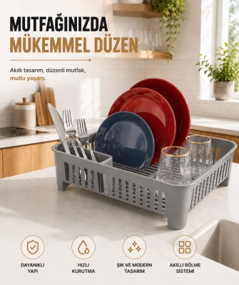 Bulaşıklık Tezgah Üstü Tabak Bardak Kurutmalık Plastik Bulaşık Sepeti 33x41 cm Gri S-10567 - Fevito