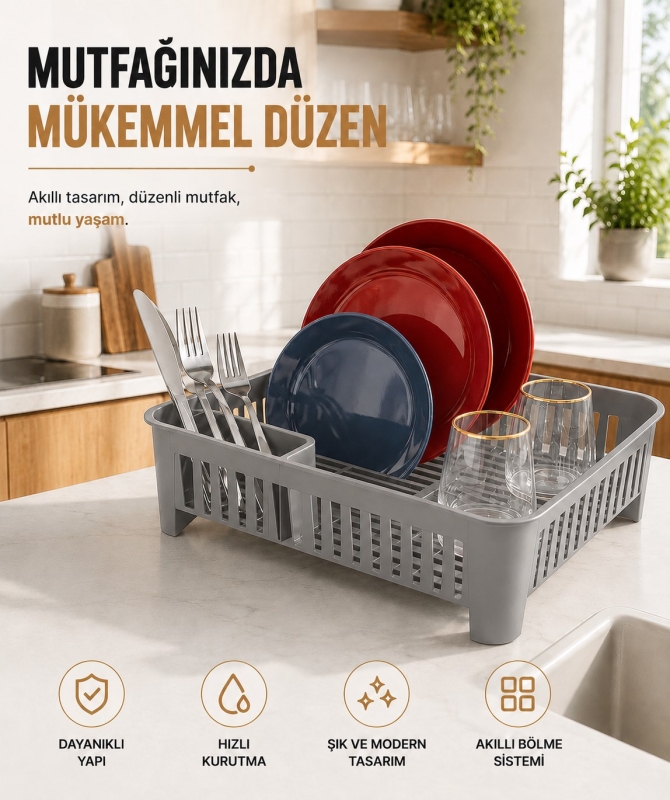 Bulaşıklık Tezgah Üstü Tabak Bardak Kurutmalık Plastik Bulaşık Sepeti 33x41 cm Gri S-10567 - 1
