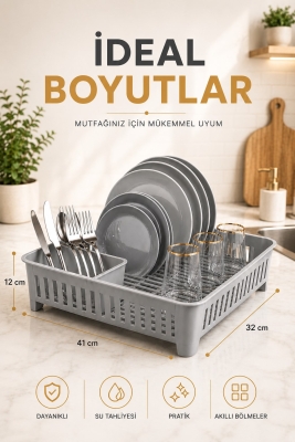 Bulaşıklık Tezgah Üstü Tabak Bardak Kurutmalık Plastik Bulaşık Sepeti 33x41 cm Gri S-10567 - 8