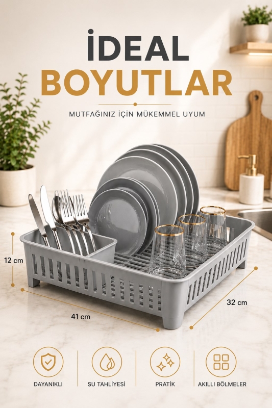 Bulaşıklık Tezgah Üstü Tabak Bardak Kurutmalık Plastik Bulaşık Sepeti 33x41 cm Gri S-10567 - 8
