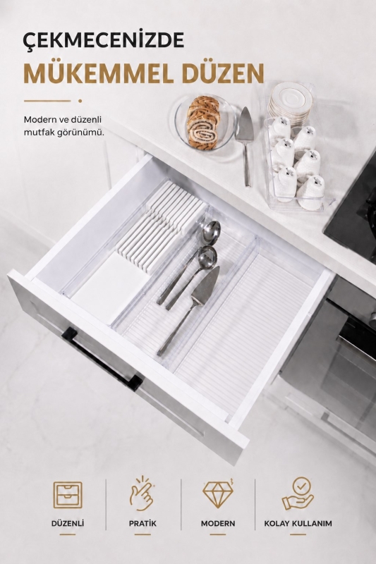 Çekmece İçi Bıçaklık Organizer Bölmeli Mutfak Düzenleyici Beyaz S-11029 - 1