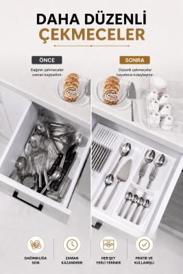 Çekmece İçi Bıçaklık Organizer Bölmeli Mutfak Düzenleyici Beyaz S-11029 - 2