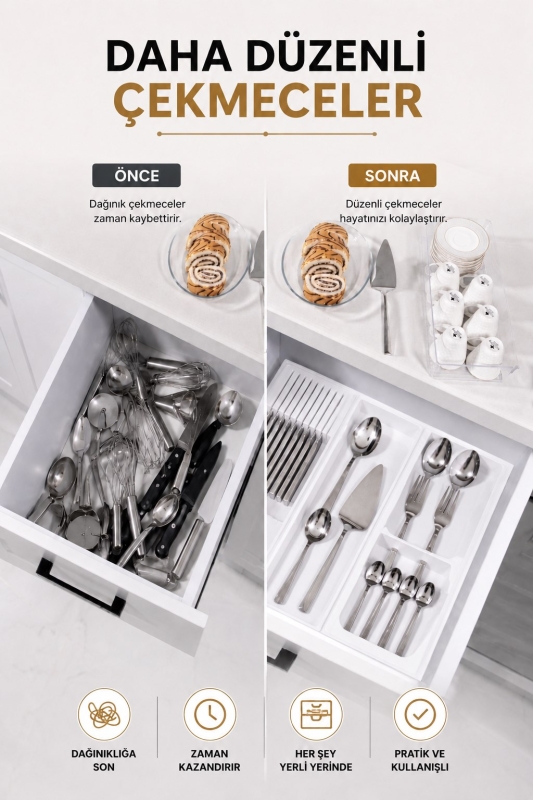 Çekmece İçi Bıçaklık Organizer Bölmeli Mutfak Düzenleyici Beyaz S-11029 - 2