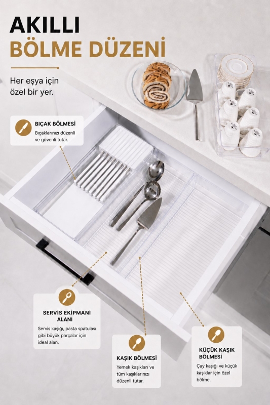 Çekmece İçi Bıçaklık Organizer Bölmeli Mutfak Düzenleyici Beyaz S-11029 - 3