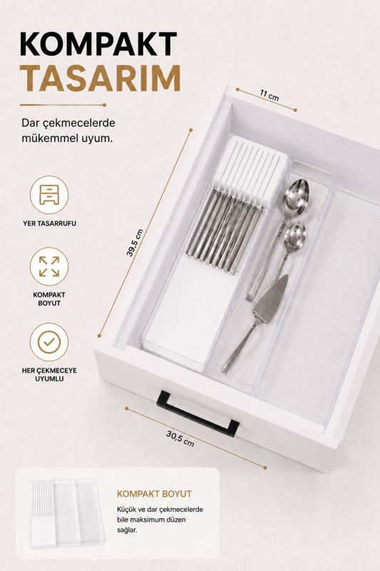 Çekmece İçi Bıçaklık Organizer Bölmeli Mutfak Düzenleyici Beyaz S-11029 - 4