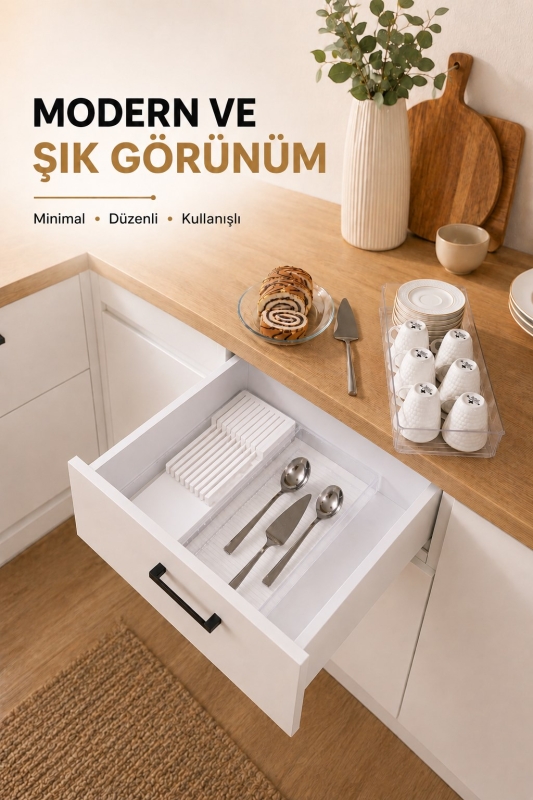 Çekmece İçi Bıçaklık Organizer Bölmeli Mutfak Düzenleyici Beyaz S-11029 - 5