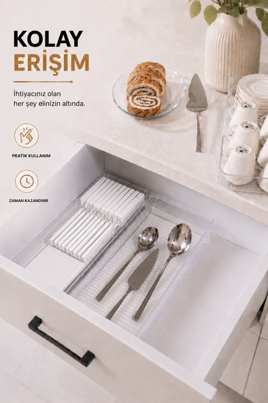 Çekmece İçi Bıçaklık Organizer Bölmeli Mutfak Düzenleyici Beyaz S-11029 - 6
