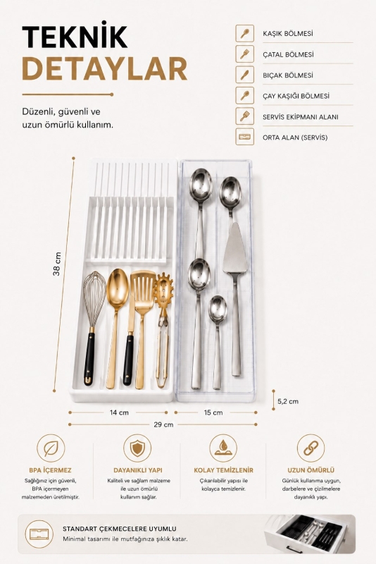 Çekmece İçi Bıçaklık Organizer Bölmeli Mutfak Düzenleyici Beyaz S-11029 - 8