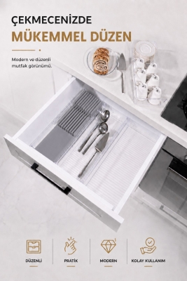 Çekmece İçi Bıçaklık Organizer Bölmeli Mutfak Düzenleyici Gri S-11029 - Fevito