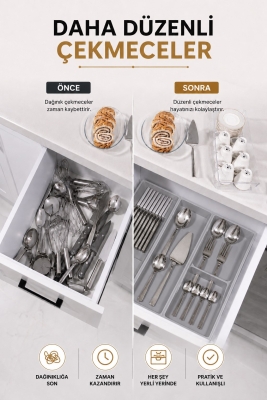 Çekmece İçi Bıçaklık Organizer Bölmeli Mutfak Düzenleyici Gri S-11029 - 2